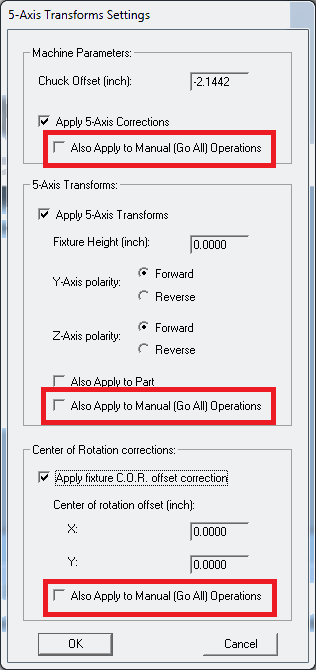Applying VisionGauge® Online 5-Axis Transforms and Correction to manual operations dialog