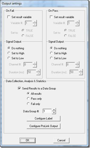 Output settings for data in VisionGauge OnLine's Program Toolbox