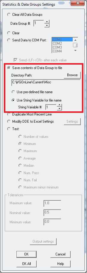 Program Toolbox - Statistics & Data Groups - Save a Data Group to file dialog