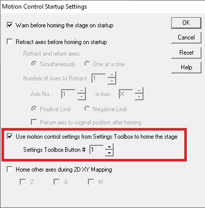 Motion Control Settings - Settings Toolbox option