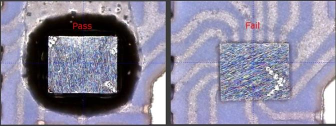 VisiongGauge(r) OnLine Automated Optical Inspection (AOI) systems can accurately measure epoxy underfill - Pass or Fail