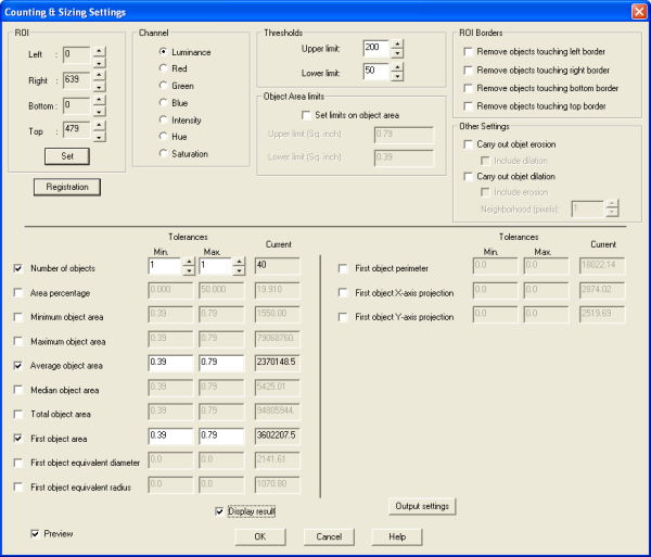 VisionGauge OnLine blob analysis options