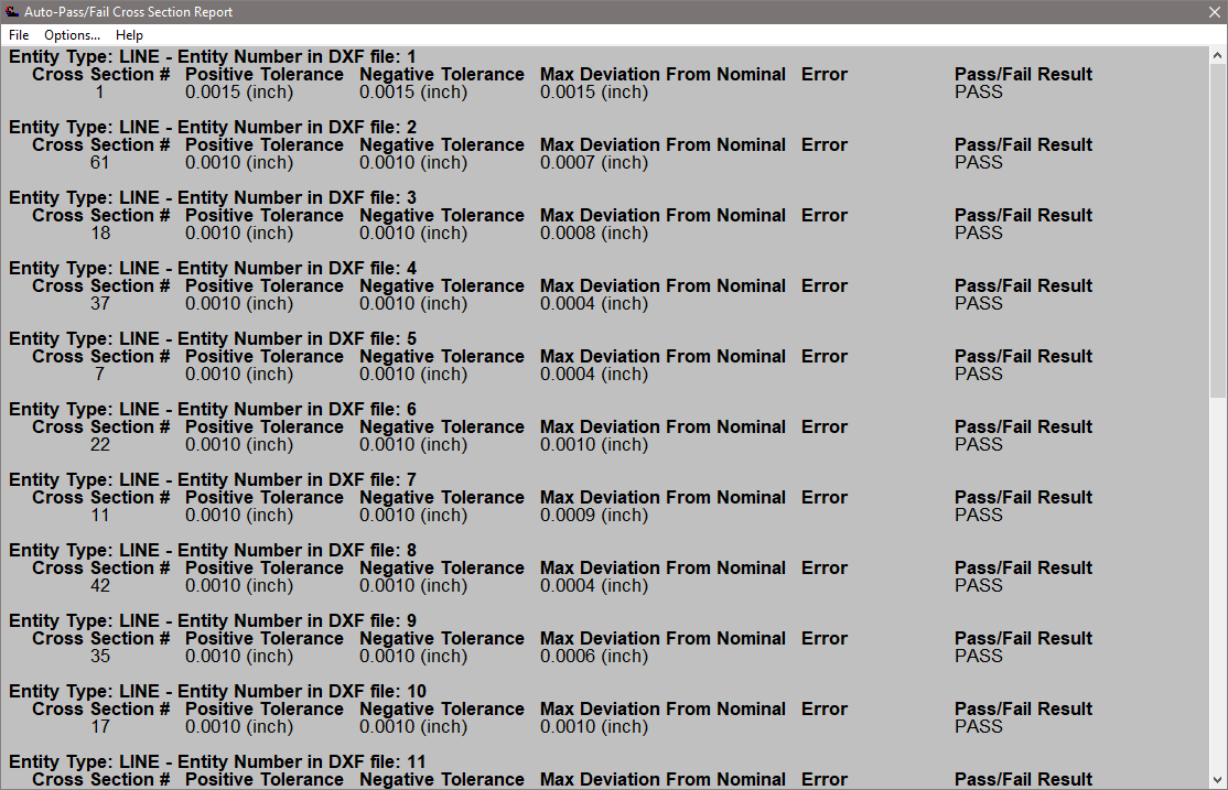 a VisionGauge Auto-Pass/Fail Cross Section Report for a part showing summary results per entity