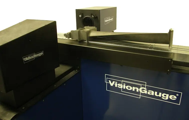 An extended-travel VisionGauge 500 Series system for long parts with a part on the stage for inspetion