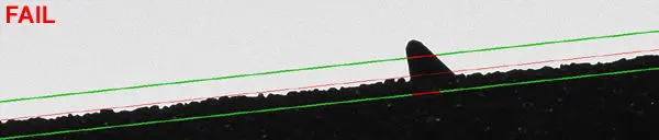 Analysis of the edge of a part where a portion of the part is out of tolerance using VisionGauge CAD Auto-Pass/Fail resulting in a Failed inspection