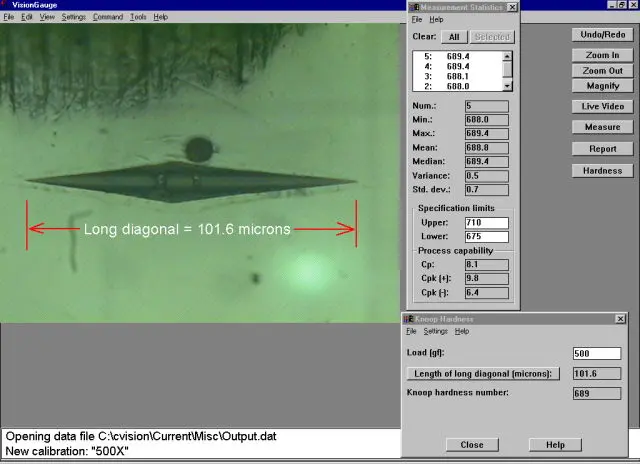 VisionGauge hardness testing software performing measurements