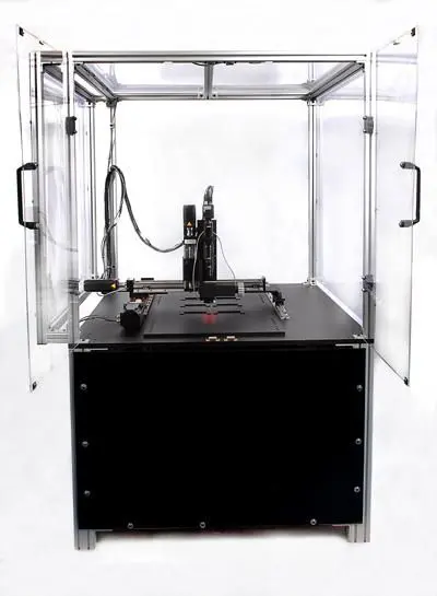 A high speed, high-accuracy Automated Optical Inspection (AOI) system built for VisionGauge with a safety enclosure.