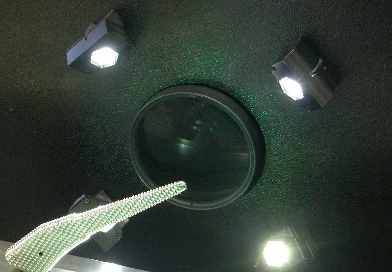 A medical rasp under medical device inspection by a precision-scoped digital optical comparator.
