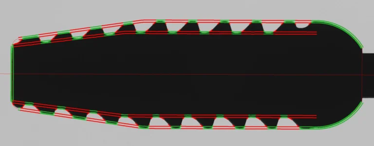 A bone screw with red and green lines indicating pass and fail tolerances