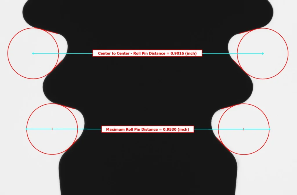 VisionGauge automated roll pin distance measurements locating the center of the roll pins and returning various measurement dimensions