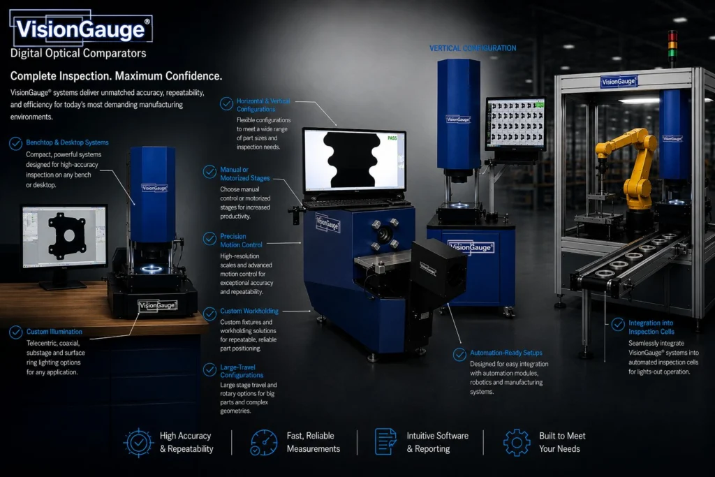 VisionGauge optical comparator systems deliver high-accuracy, repeatability, and efficiency for manufacturing inspection, measurement, and testing in many configuration.