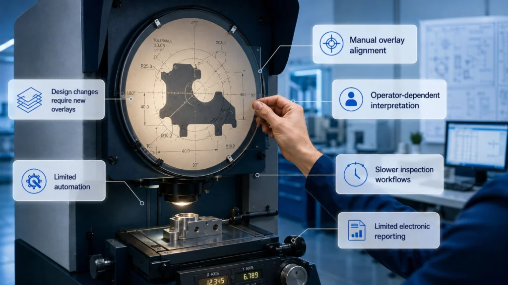 Optical comparator pain points listed, including manual overlay alignment, slower inspection workflows, limited electronic reporting, and more