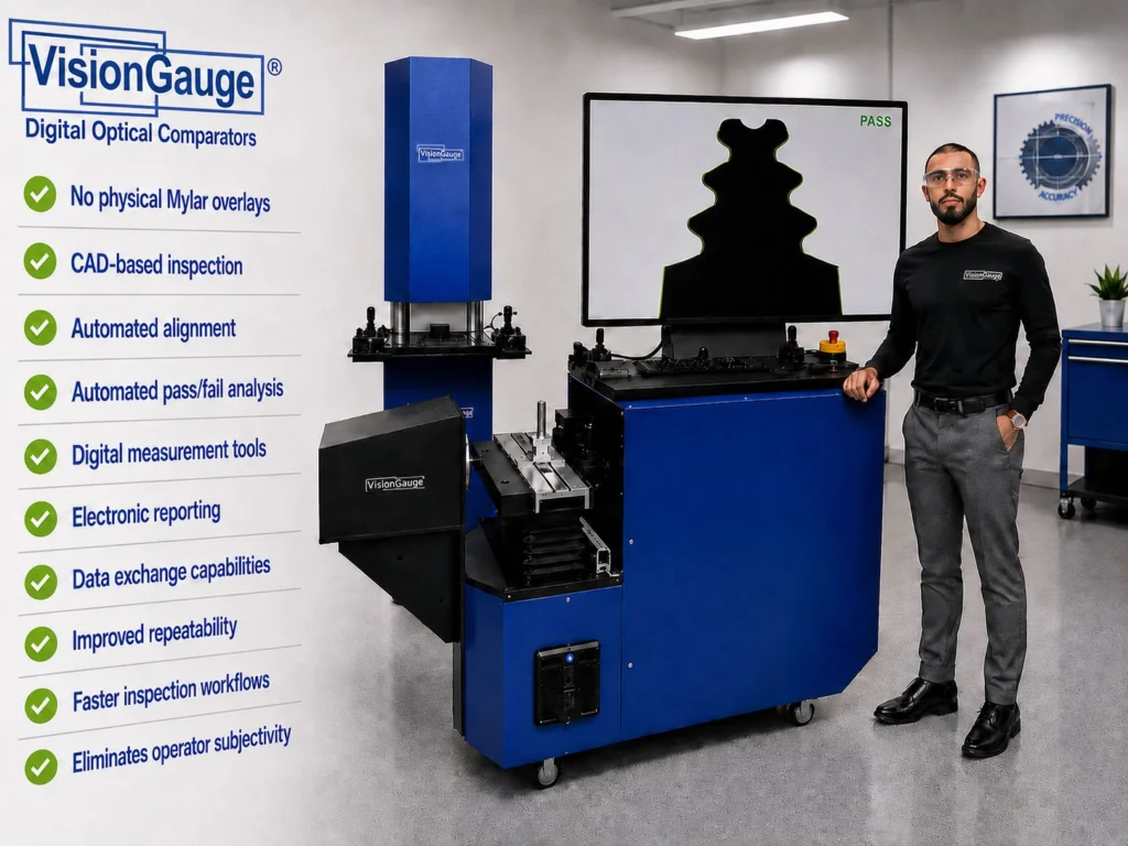 VisionGauge optical comparators require no physical overlays for CAD-based inspection and include automated tools and features to improve inspection workflows and results.