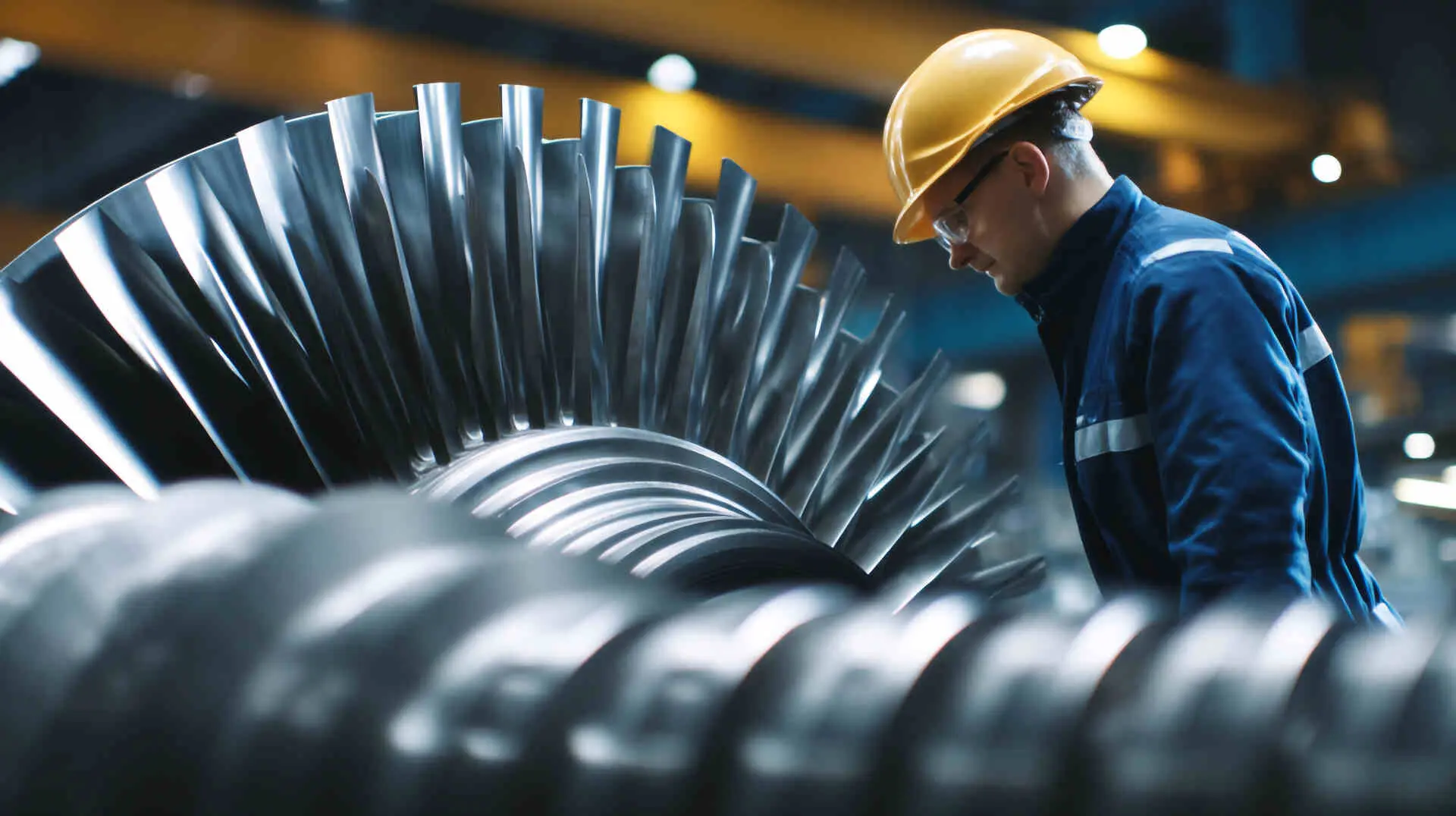 Worker in a blue jumpsuit and a yellow hard hat inspecting a turbine blade