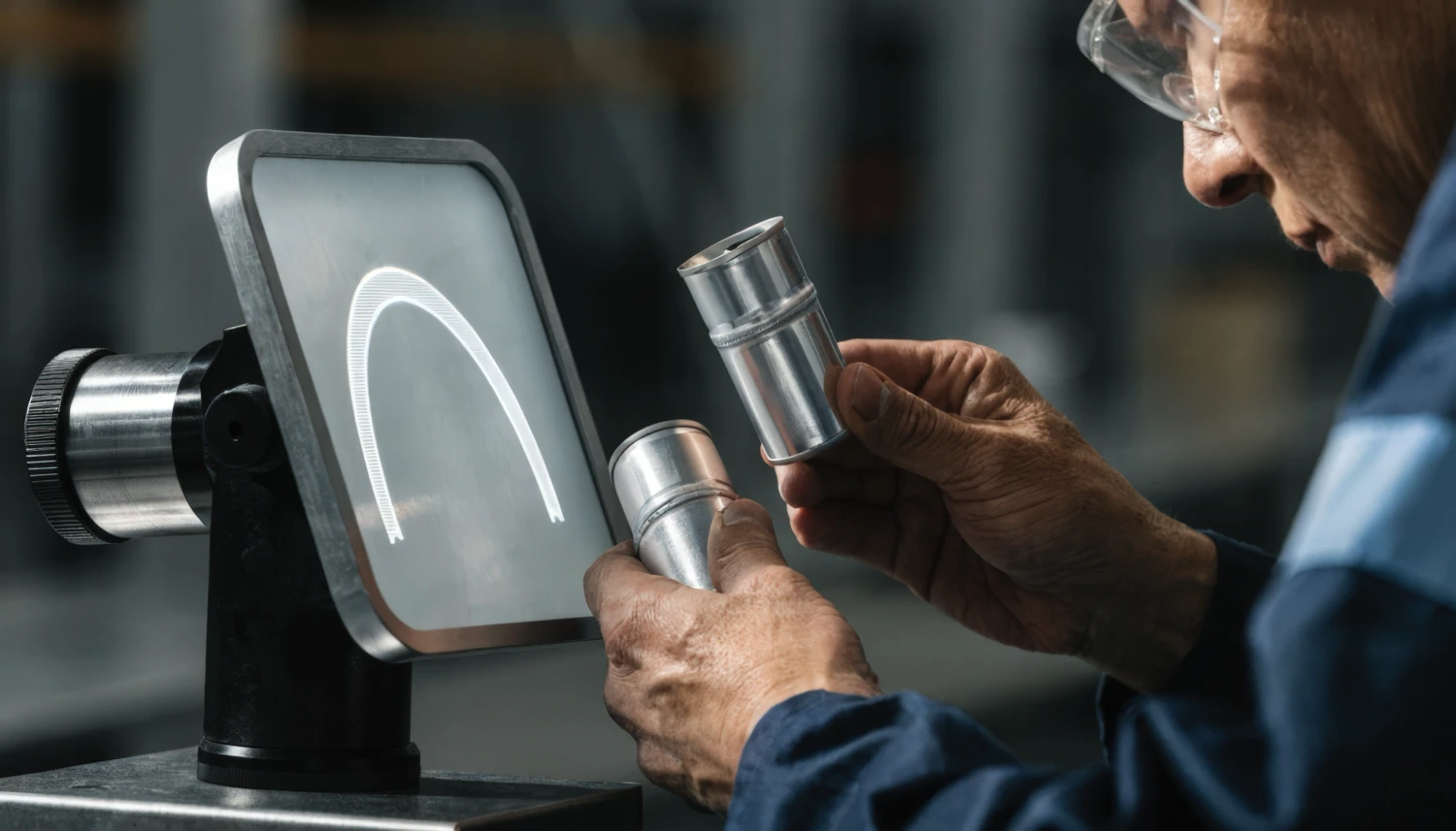 operator inspecting a part using an optical comparator