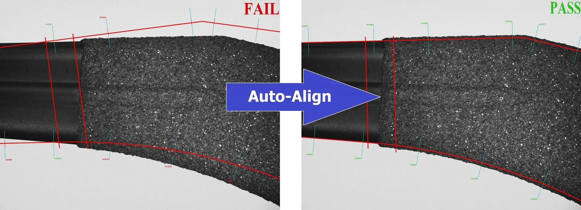 The VisionGauge® Digital Optical Comparator's CAD Auto-Align™ tool automatically aligns the CAD data to the part.