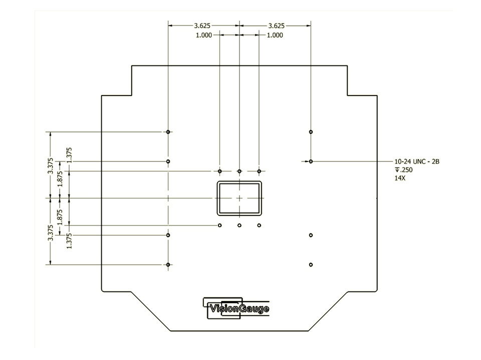 Desktop Configuration Base Plate Dimensions Desktop Configuration Base Plate Dimensions of a 300 Series VisionGauge Digital Optical Comparator