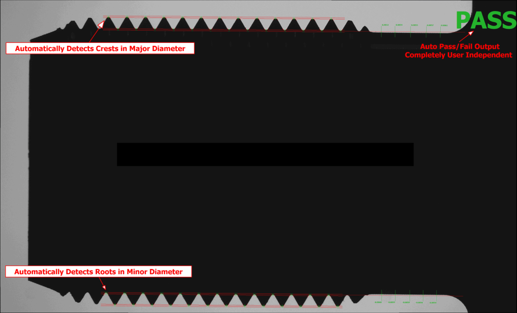 Automatic thread inspection: Automatically detect crests and roots in major/minor diameters of teeth or screw threads with VisionGauge®’s Patented “Tooth Checker™”.