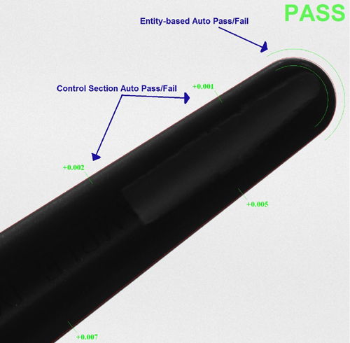 The CAD Auto Pass/Fail™ tool can be either point-based or it can consider complete geometric entities on VisionGauge® Digital Optical Comparator