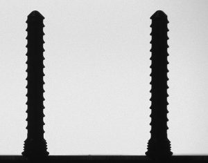 Multiple bone screws ready for automated inspection on the VisionGauge Digital Optical Comparator