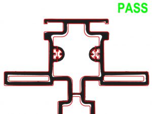 Comparing an extrusion cross-section to its CAD data to obtain a Pass/Fail result on a VisionGauge Digital Optical Comparator.