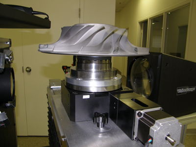 An aircraft engine impeller mounted on a VisionGauge® Digital Optical Comparator rotary stage/axis